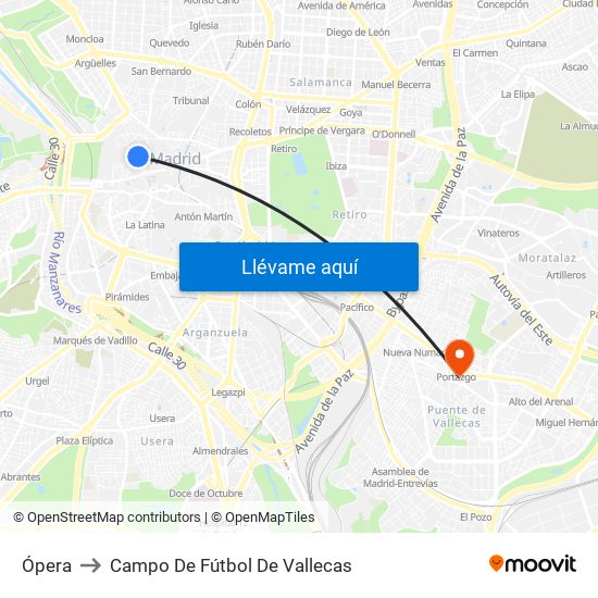 Ópera to Campo De Fútbol De Vallecas map