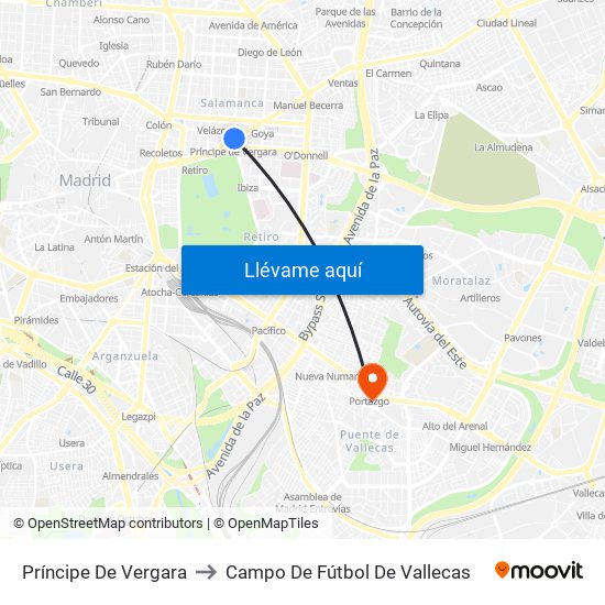 Príncipe De Vergara to Campo De Fútbol De Vallecas map