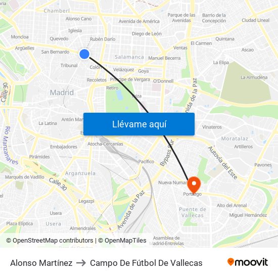 Alonso Martínez to Campo De Fútbol De Vallecas map