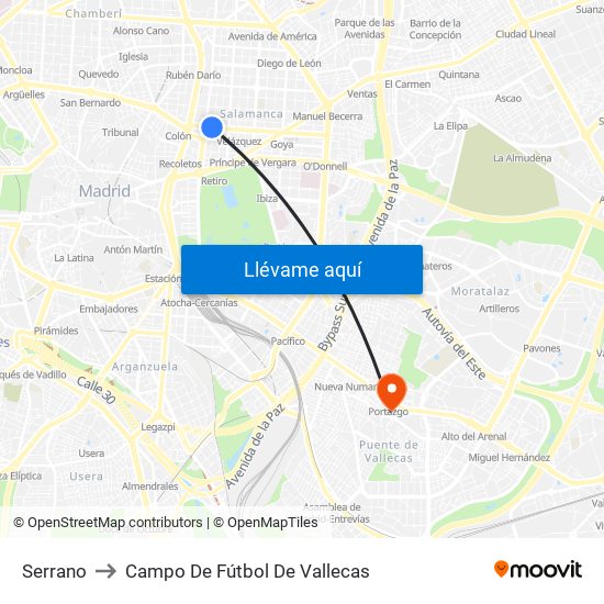 Serrano to Campo De Fútbol De Vallecas map