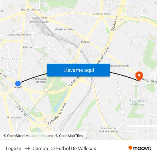 Legazpi to Campo De Fútbol De Vallecas map
