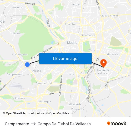 Campamento to Campo De Fútbol De Vallecas map
