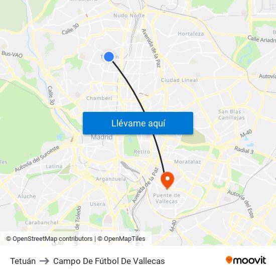 Tetuán to Campo De Fútbol De Vallecas map
