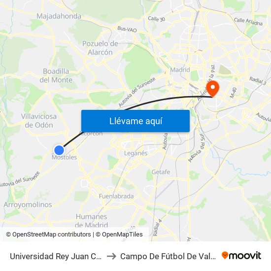 Universidad Rey Juan Carlos to Campo De Fútbol De Vallecas map
