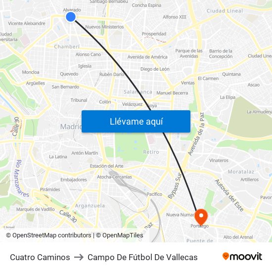 Cuatro Caminos to Campo De Fútbol De Vallecas map