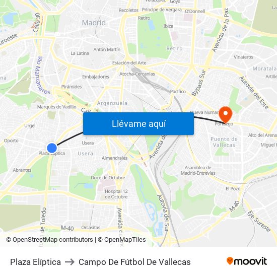 Plaza Elíptica to Campo De Fútbol De Vallecas map