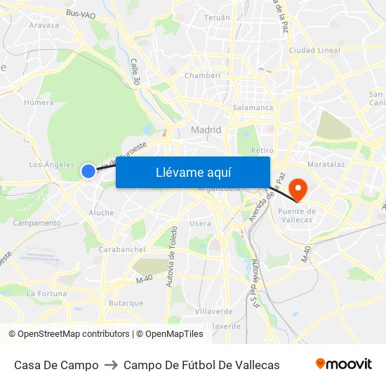 Casa De Campo to Campo De Fútbol De Vallecas map