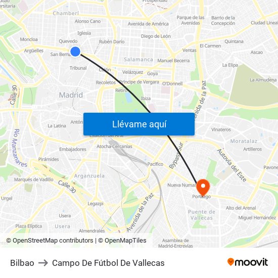 Bilbao to Campo De Fútbol De Vallecas map