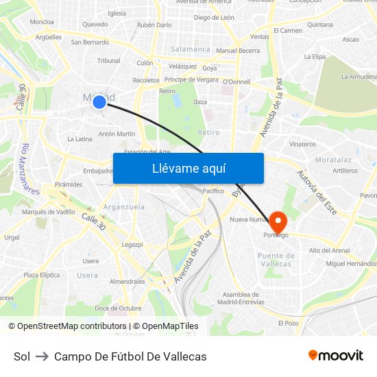 Sol to Campo De Fútbol De Vallecas map
