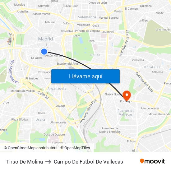Tirso De Molina to Campo De Fútbol De Vallecas map