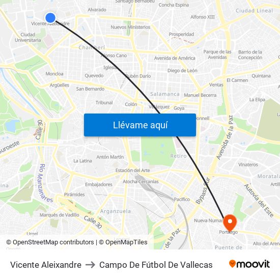 Vicente Aleixandre to Campo De Fútbol De Vallecas map