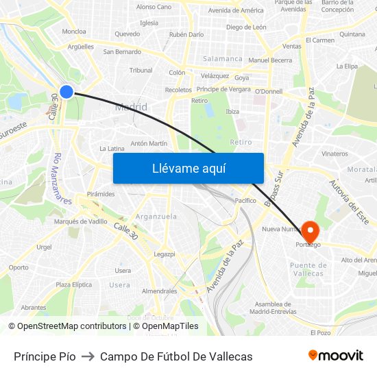 Príncipe Pío to Campo De Fútbol De Vallecas map