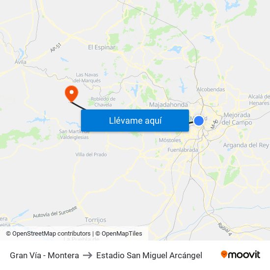 Gran Vía - Montera to Estadio San Miguel Arcángel map