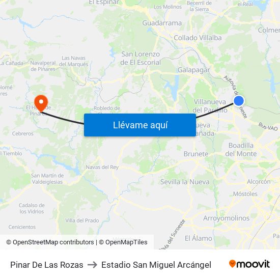 Pinar De Las Rozas to Estadio San Miguel Arcángel map