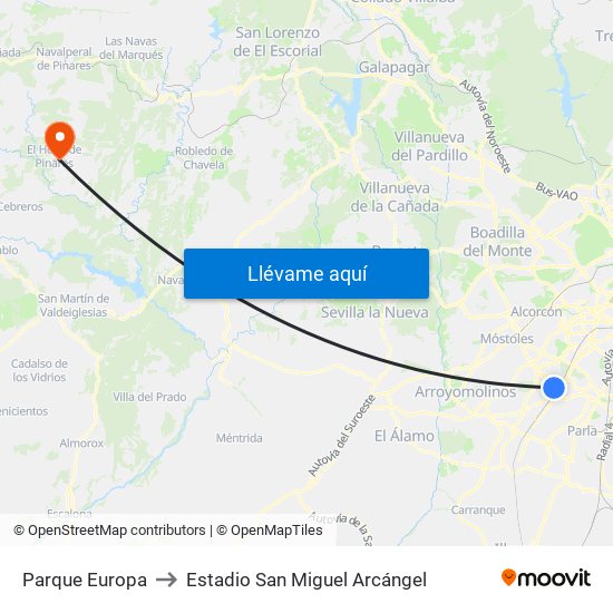 Parque Europa to Estadio San Miguel Arcángel map