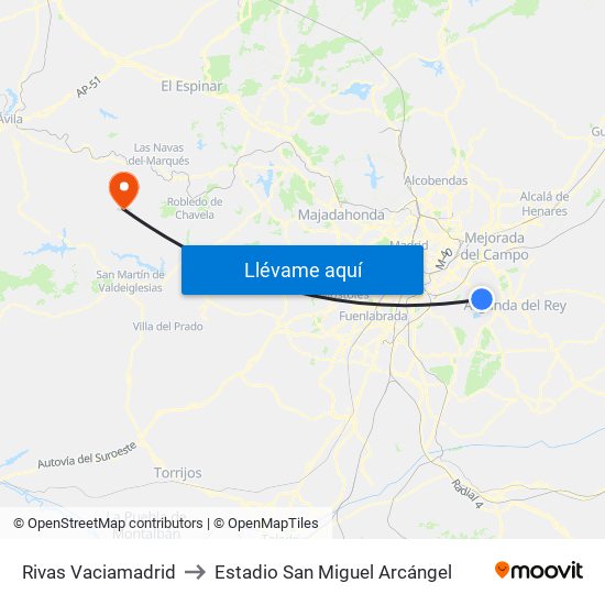 Rivas Vaciamadrid to Estadio San Miguel Arcángel map