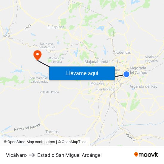 Vicálvaro to Estadio San Miguel Arcángel map