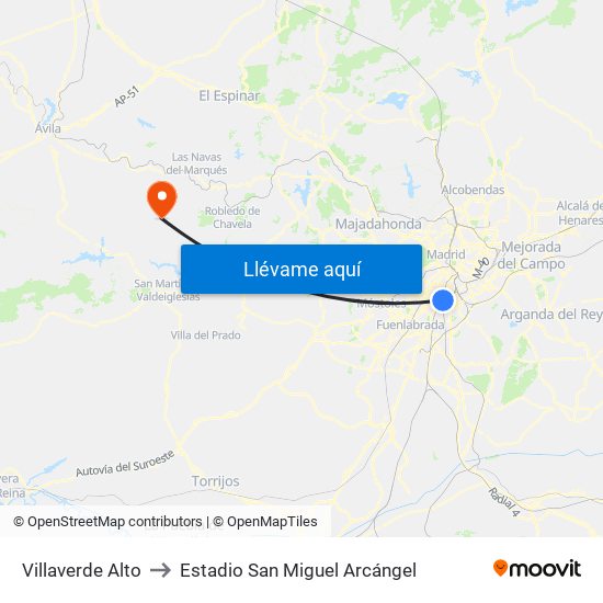 Villaverde Alto to Estadio San Miguel Arcángel map