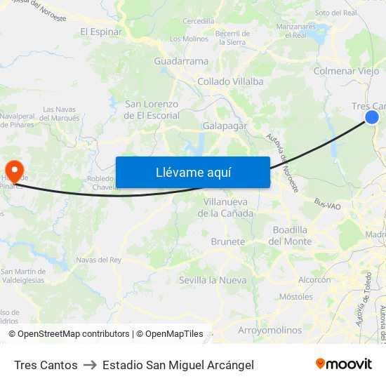 Tres Cantos to Estadio San Miguel Arcángel map