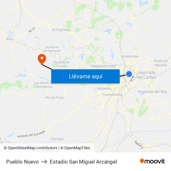 Pueblo Nuevo to Estadio San Miguel Arcángel map