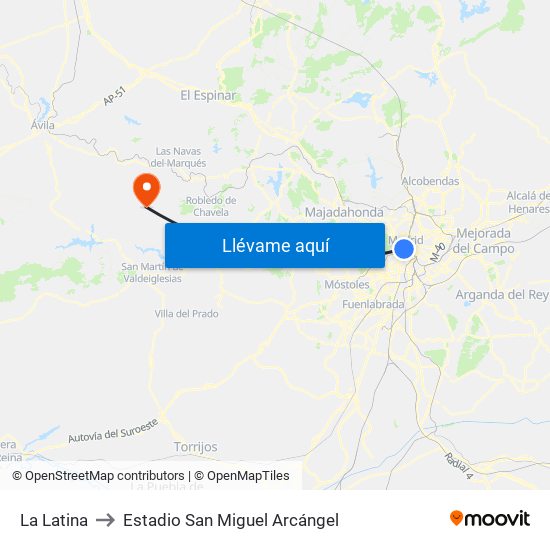 La Latina to Estadio San Miguel Arcángel map