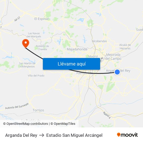Arganda Del Rey to Estadio San Miguel Arcángel map