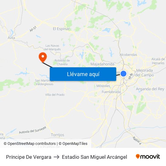 Príncipe De Vergara to Estadio San Miguel Arcángel map