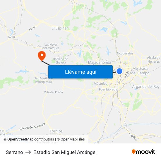 Serrano to Estadio San Miguel Arcángel map