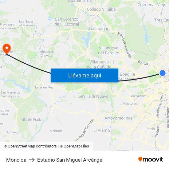 Moncloa to Estadio San Miguel Arcángel map