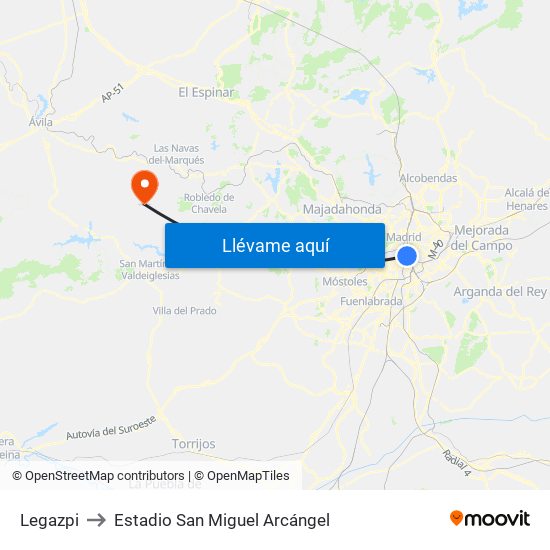 Legazpi to Estadio San Miguel Arcángel map