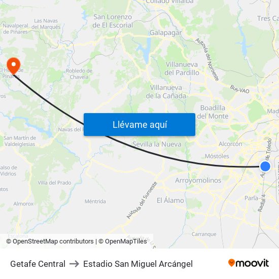 Getafe Central to Estadio San Miguel Arcángel map