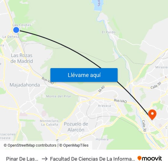 Pinar De Las Rozas to Facultad De Ciencias De La Información (Aulario) map