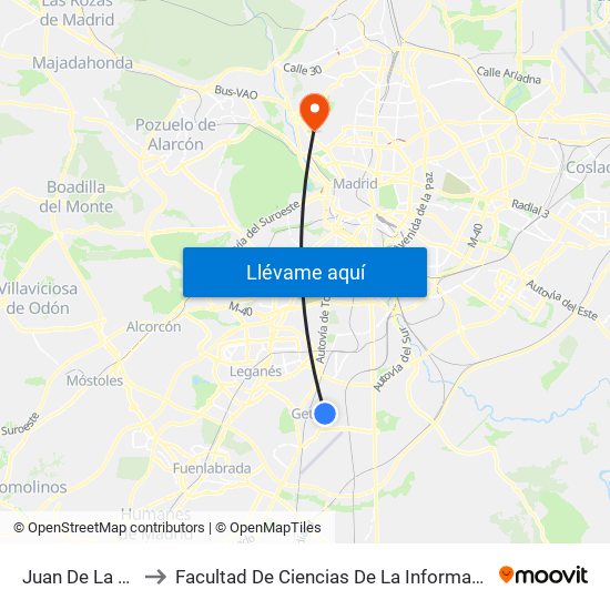 Juan De La Cierva to Facultad De Ciencias De La Información (Aulario) map