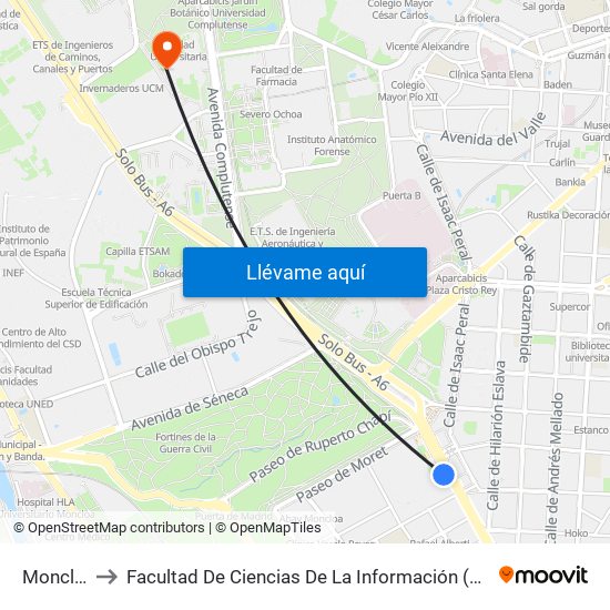 Moncloa to Facultad De Ciencias De La Información (Aulario) map