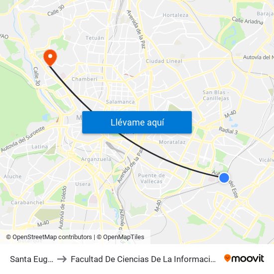 Santa Eugenia to Facultad De Ciencias De La Información (Aulario) map