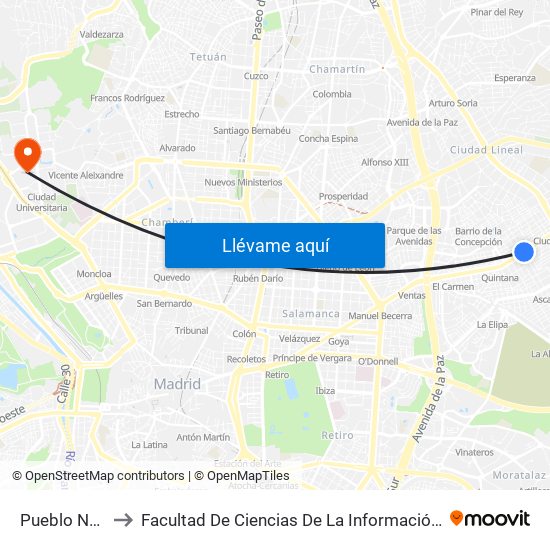 Pueblo Nuevo to Facultad De Ciencias De La Información (Aulario) map