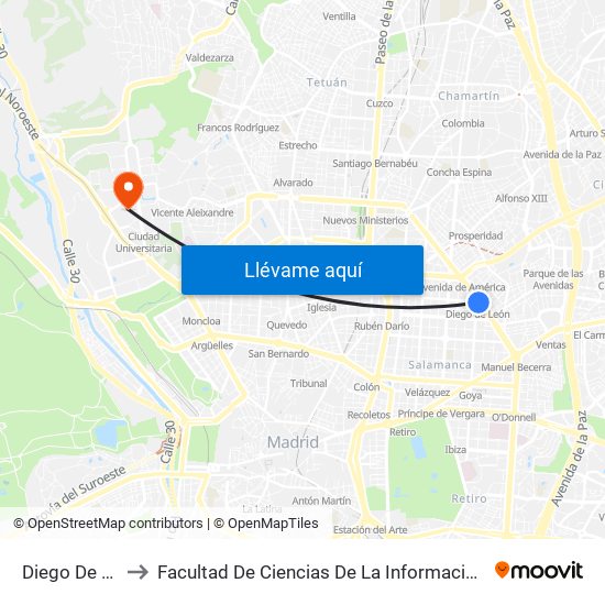Diego De León to Facultad De Ciencias De La Información (Aulario) map
