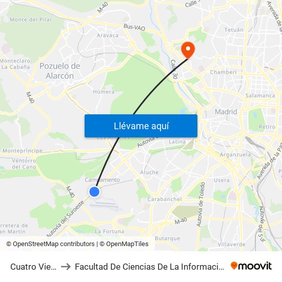 Cuatro Vientos to Facultad De Ciencias De La Información (Aulario) map