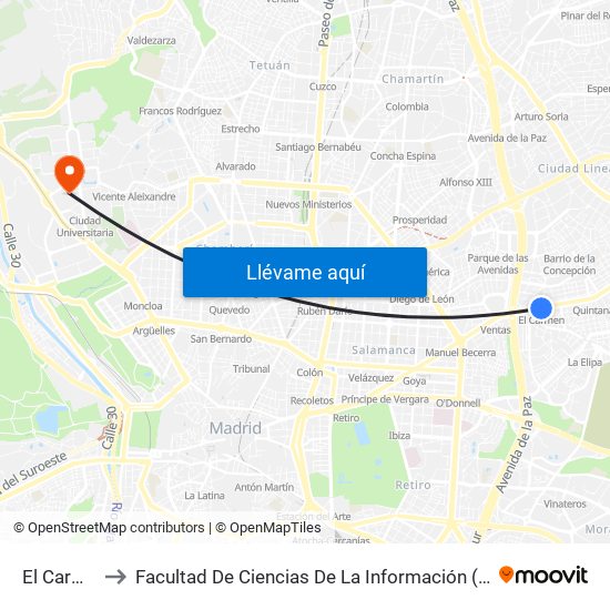 El Carmen to Facultad De Ciencias De La Información (Aulario) map