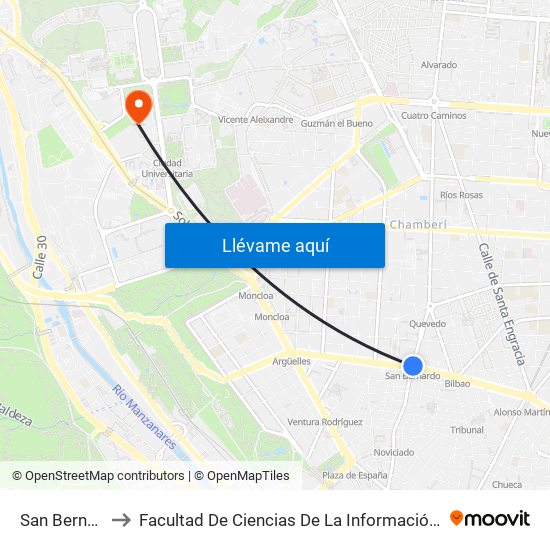 San Bernardo to Facultad De Ciencias De La Información (Aulario) map