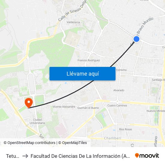 Tetuán to Facultad De Ciencias De La Información (Aulario) map