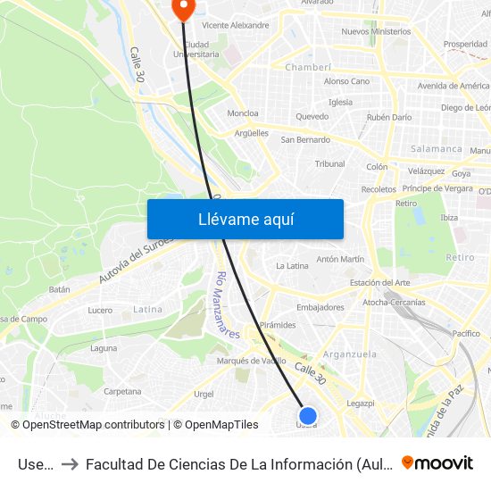 Usera to Facultad De Ciencias De La Información (Aulario) map