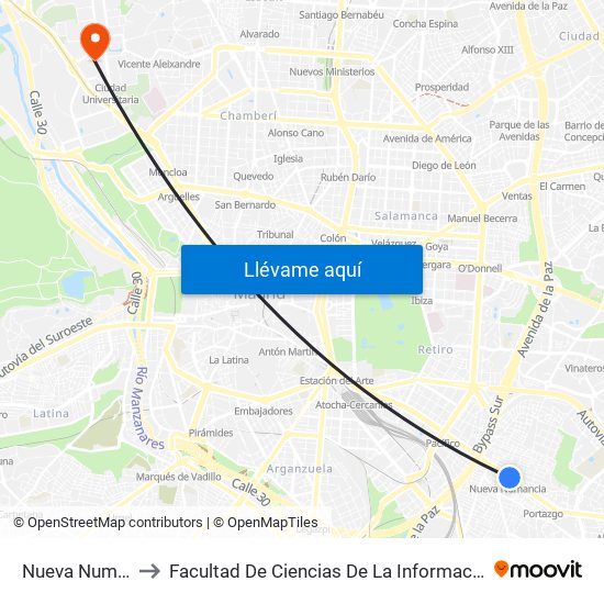 Nueva Numancia to Facultad De Ciencias De La Información (Aulario) map