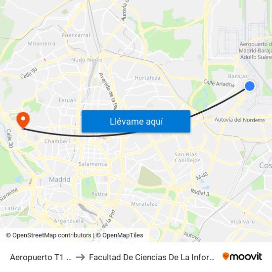 Aeropuerto T1 - T2 - T3 to Facultad De Ciencias De La Información (Aulario) map