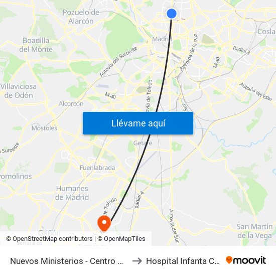 Nuevos Ministerios - Centro Comercial to Hospital Infanta Cristina. map