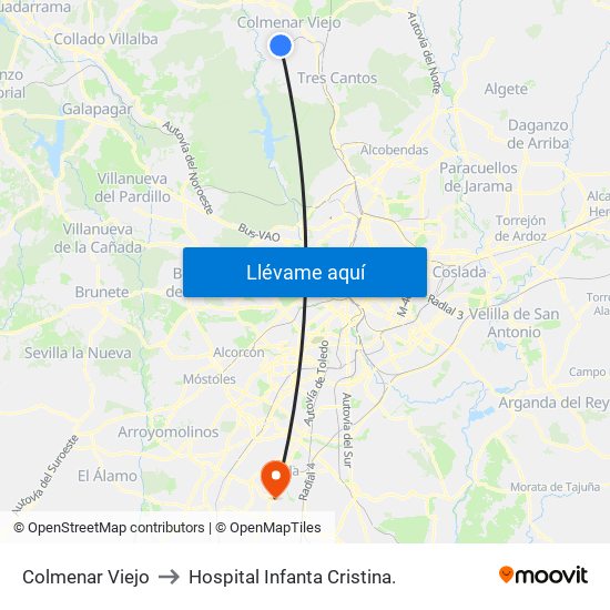 Colmenar Viejo to Hospital Infanta Cristina. map