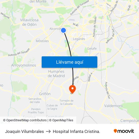 Joaquín Vilumbrales to Hospital Infanta Cristina. map