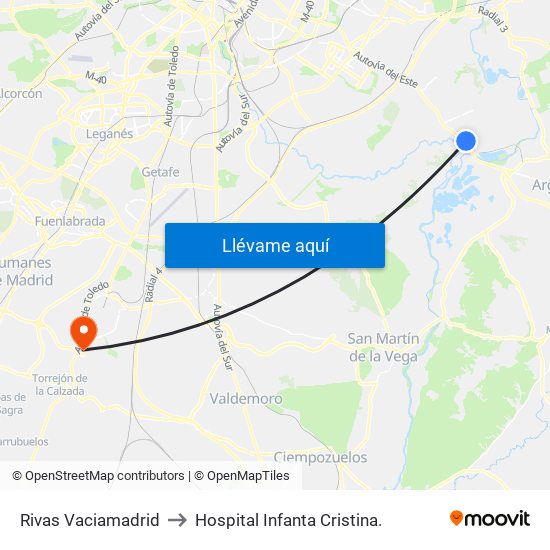 Rivas Vaciamadrid to Hospital Infanta Cristina. map