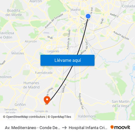 Av. Mediterráneo - Conde De Casal to Hospital Infanta Cristina. map