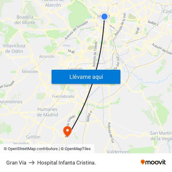 Gran Vía to Hospital Infanta Cristina. map